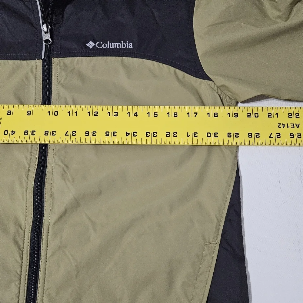 Columbia Youth L 14-16 Hooded Windbreaker Tan Dk Grey Blk Zip Up Nylon B15